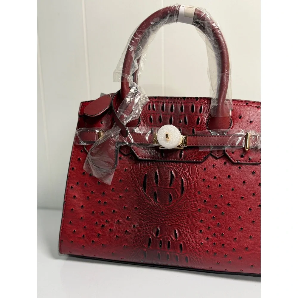 Mellow World Satchel Bag Red Ostrich Croc Embossed Vegan‎ Leather Top Handle New